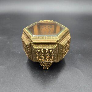 Vintage Ornate Brass & Glass Hexagon Jewelry Box with Filigree Detailing